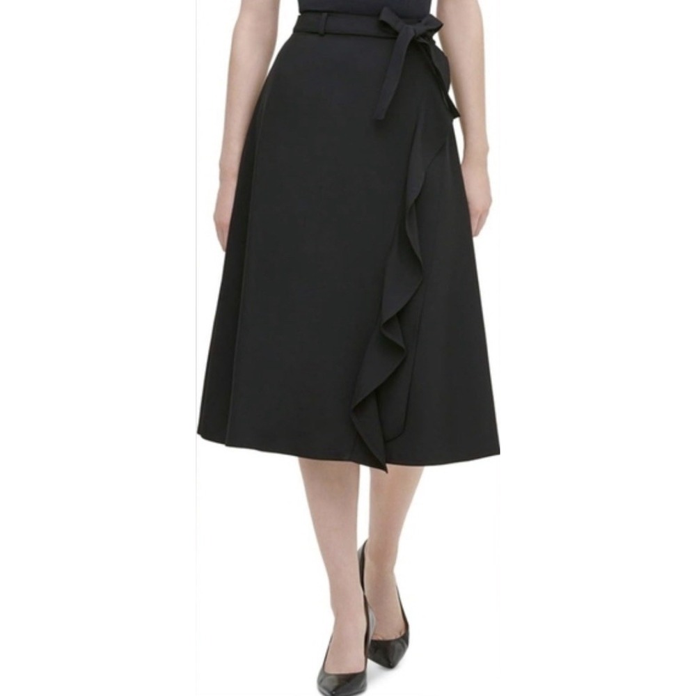 Calvin Klein Size 8 Black Ruffle Wrap Midi Skirt Coquette Office Chic